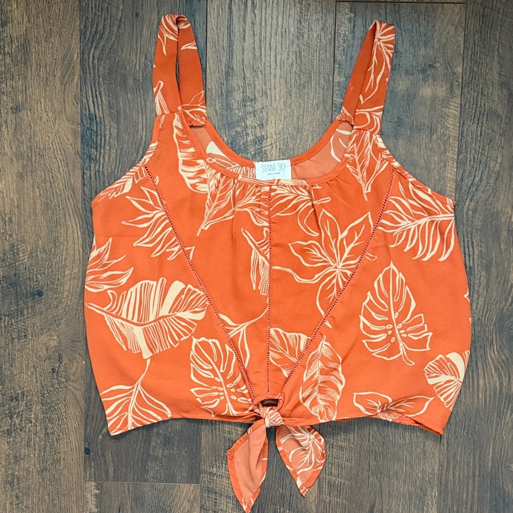 Sienna Sky Orange Leaf Print Tie-Front Tank Top